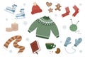 Winter hygge cozy set. Collection of cute elements for Christmas decoration.